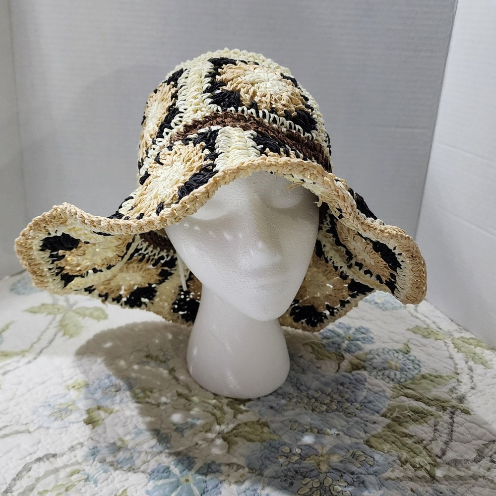 Womens Crochet Granny Square Sun Hat Wide Brim Raffia Straw Bucket Hat Neutral